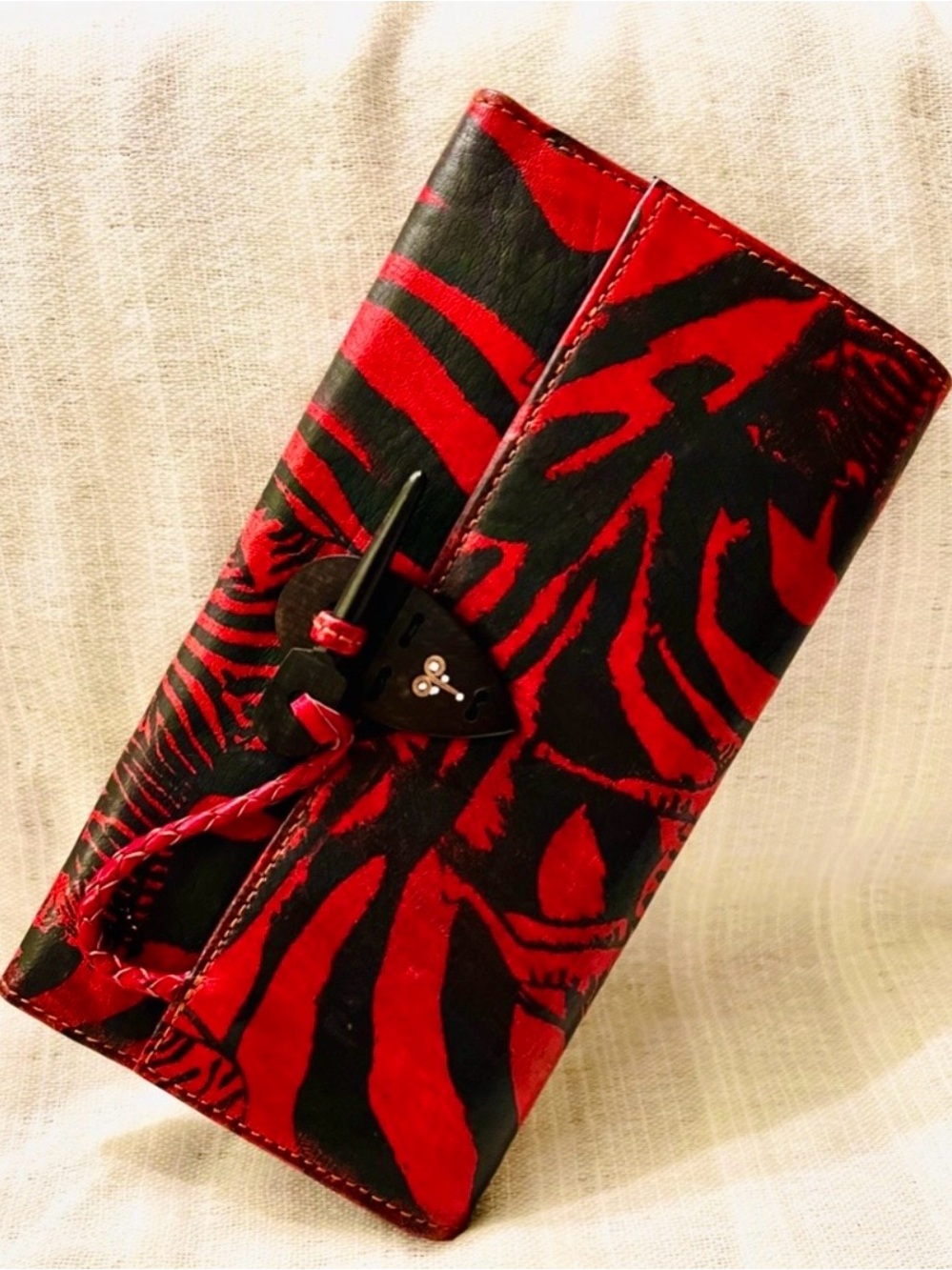 VINTAGE DEADSTOCK Maroquinerie Cisse 2 Mali Leather Clutch Wallet Red Black